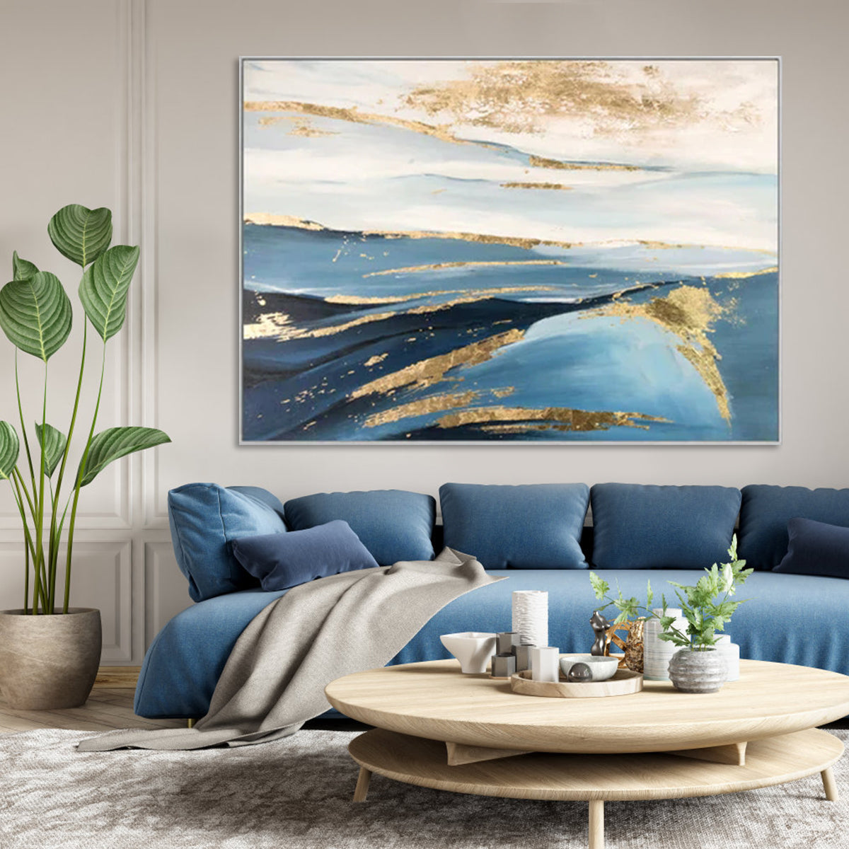 Serene Blue Waves with Gold Accents - Inspiring Oil Painting for Modern Home Decor