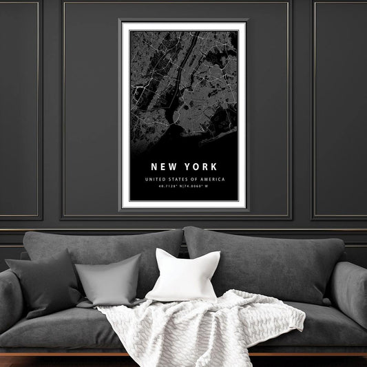 Stylish Black Map of New York City - Modern Wall Art for Urban Decor