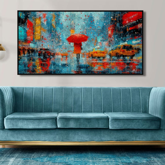 Vibrant New York City Rainy Day Abstract Oil Painting with Red Umbrella