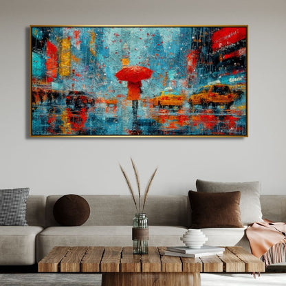 Vibrant New York City Rainy Day Abstract Oil Painting with Red Umbrella