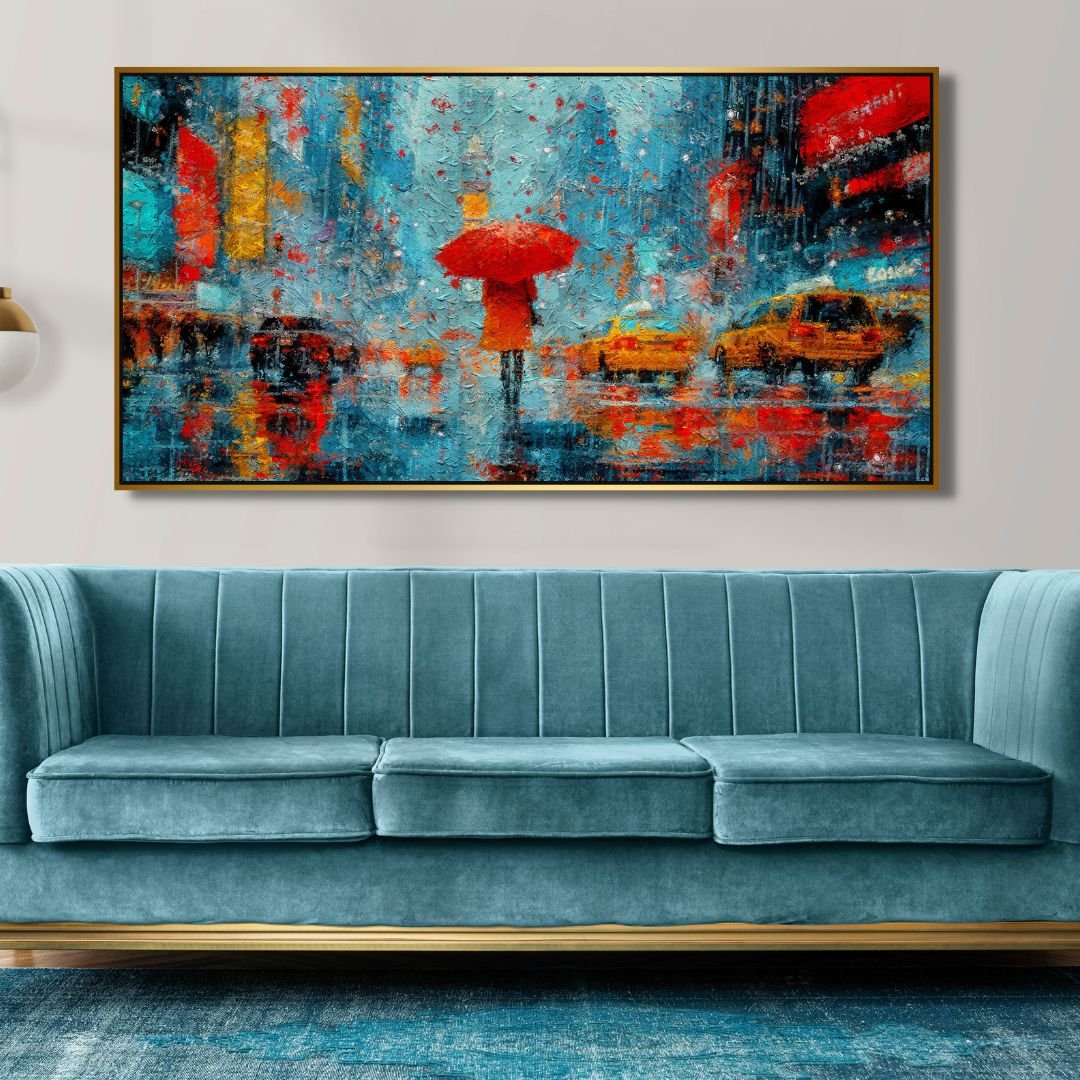 Vibrant New York City Rainy Day Abstract Oil Painting with Red Umbrella