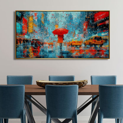 Vibrant New York City Rainy Day Abstract Oil Painting with Red Umbrella