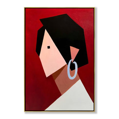 Abstract Portrait Art — Modern Oil Painting of a Stylish Woman on Bold Red Background