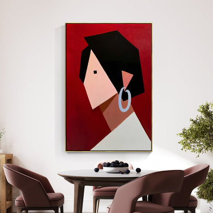 Abstract Portrait Art — Modern Oil Painting of a Stylish Woman on Bold Red Background