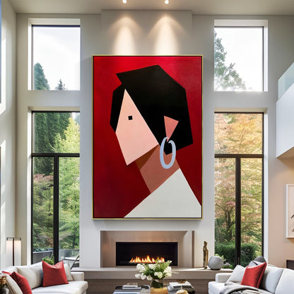 Abstract Portrait Art — Modern Oil Painting of a Stylish Woman on Bold Red Background