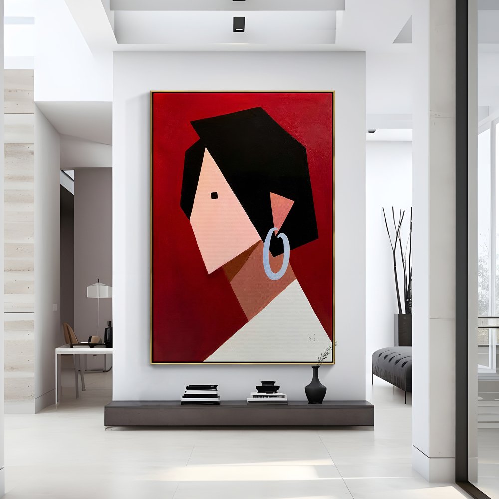 Abstract Portrait Art — Modern Oil Painting of a Stylish Woman on Bold Red Background