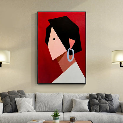 Abstract Portrait Art — Modern Oil Painting of a Stylish Woman on Bold Red Background