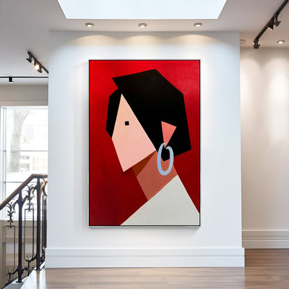 Abstract Portrait Art — Modern Oil Painting of a Stylish Woman on Bold Red Background