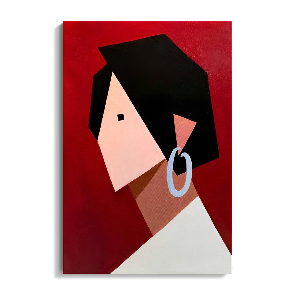 Abstract Portrait Art — Modern Oil Painting of a Stylish Woman on Bold Red Background