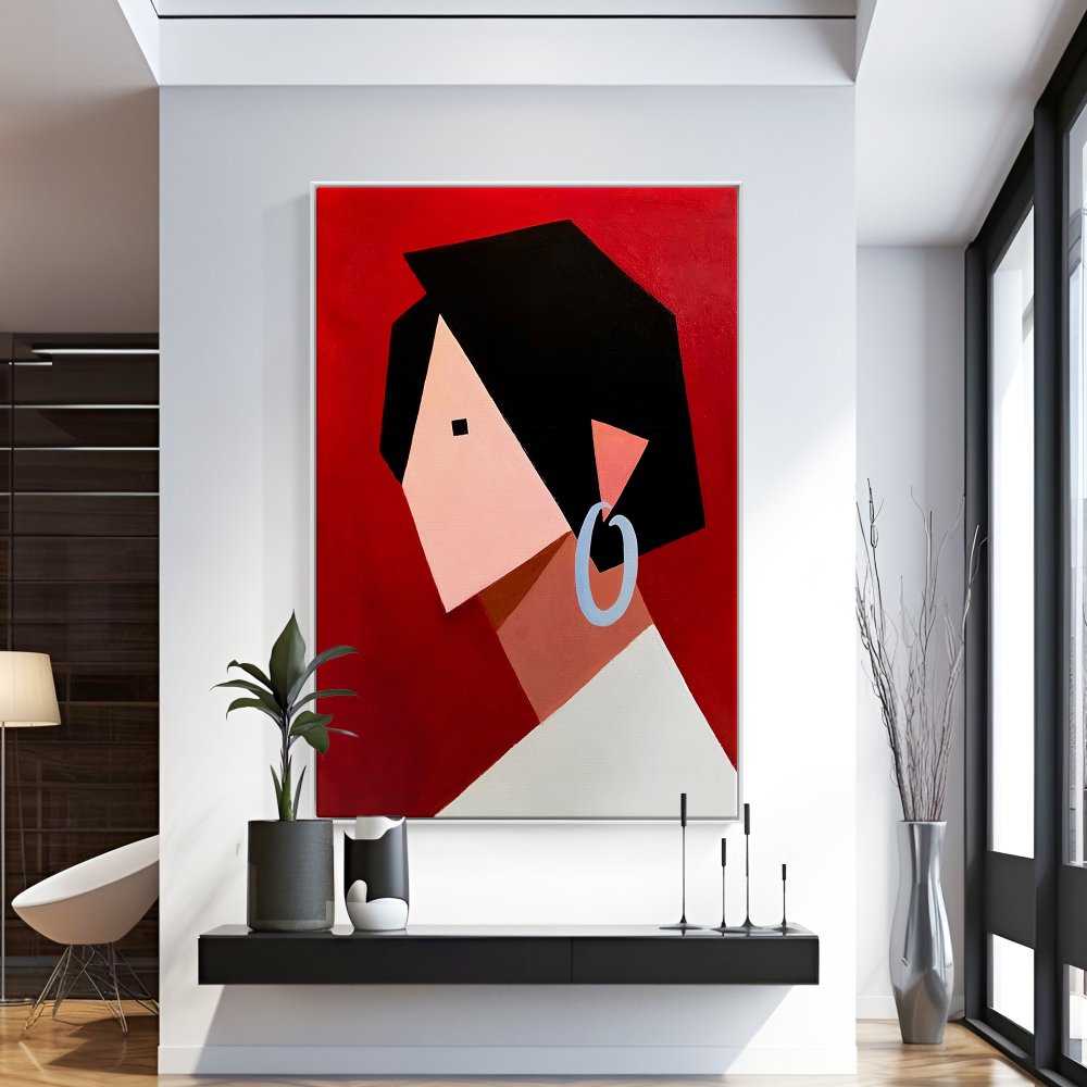 Abstract Portrait Art — Modern Oil Painting of a Stylish Woman on Bold Red Background