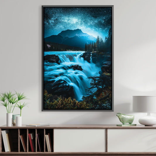 Enchanting Nightfall Landscape with Starry Sky and Cascading Waterfalls
