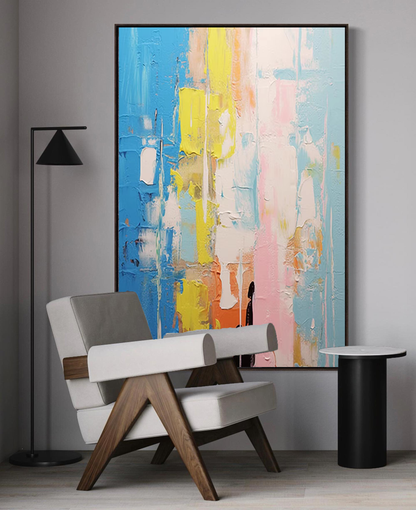 Vibrant Abstract Oil Painting with Blue, Yellow, and Pink for Modern Home Decor