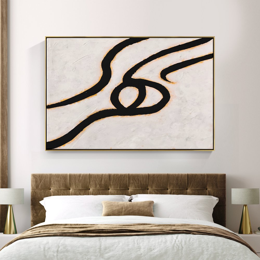 Abstract Black Line Art on Canvas – Modern Minimalist Oil Painting for Home Décor