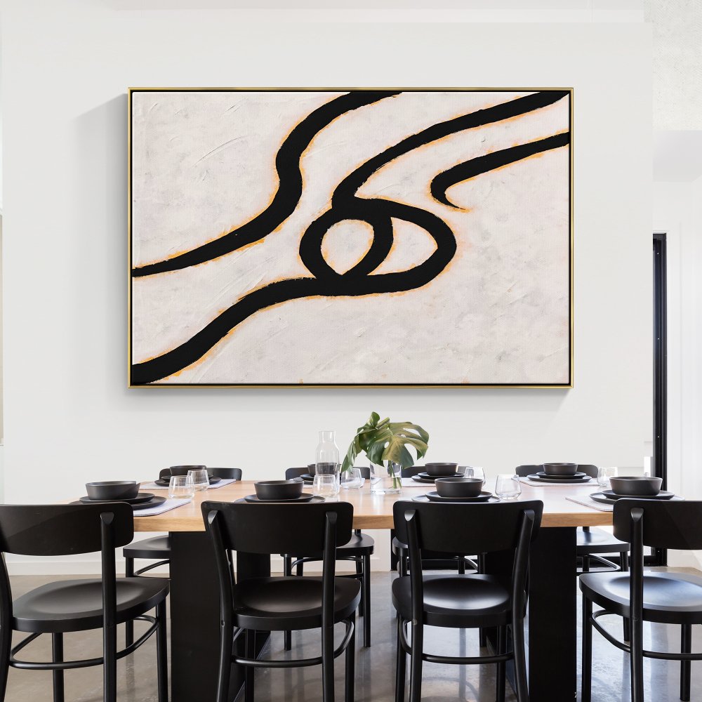 Abstract Black Line Art on Canvas – Modern Minimalist Oil Painting for Home Décor