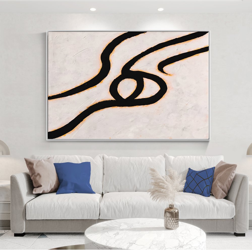 Abstract Black Line Art on Canvas – Modern Minimalist Oil Painting for Home Décor