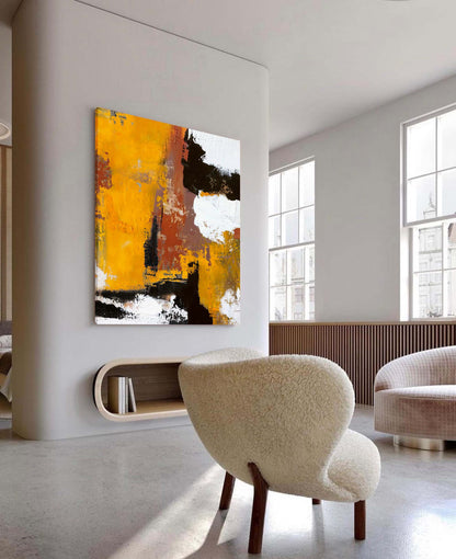 Vibrant Abstract Oil Painting in Yellow and Black for Modern Home Decor