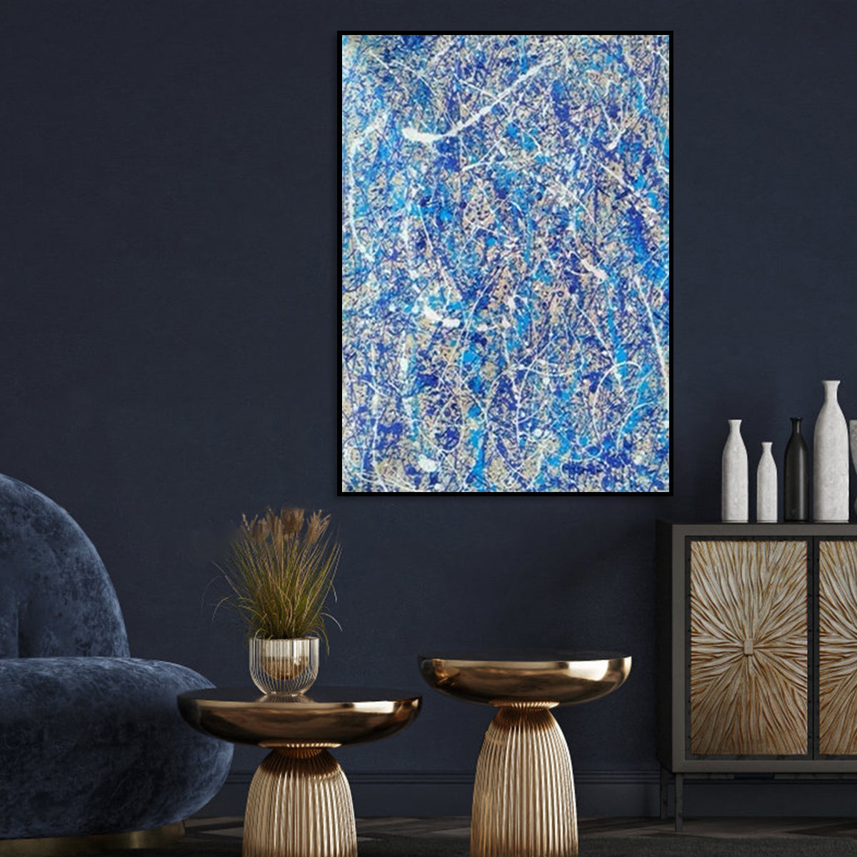 Abstract Blue Waves: Vibrant Oil Painting for Modern Home Decor