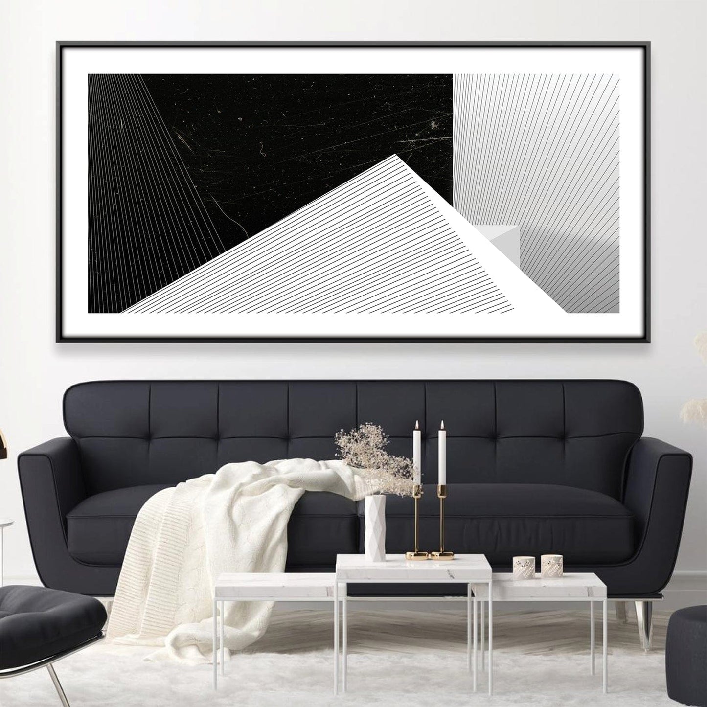 Abstract Black and White Geometric Oil Painting for Modern Home Decor