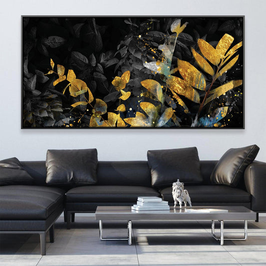Elegant Noir Canvas with Gold Leaf Accents and Abstract Floral Design