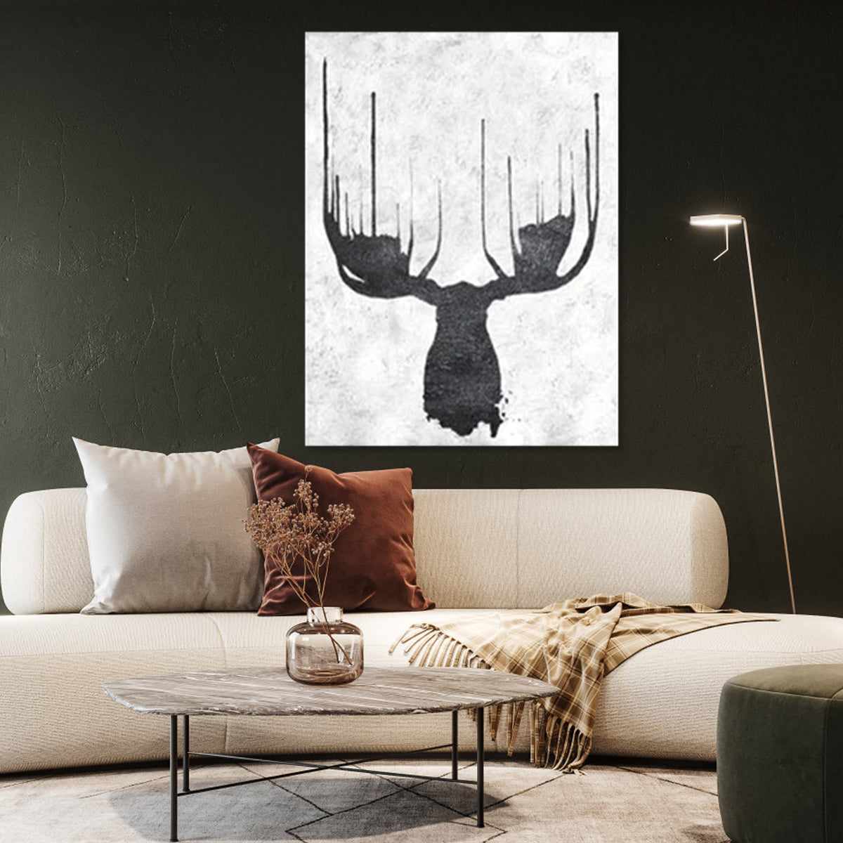 Nordic Moose Black and White Oil Painting for Modern Home Decor