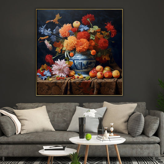 Vibrant Floral Still Life Oil Painting with Fruits and Blue Pot