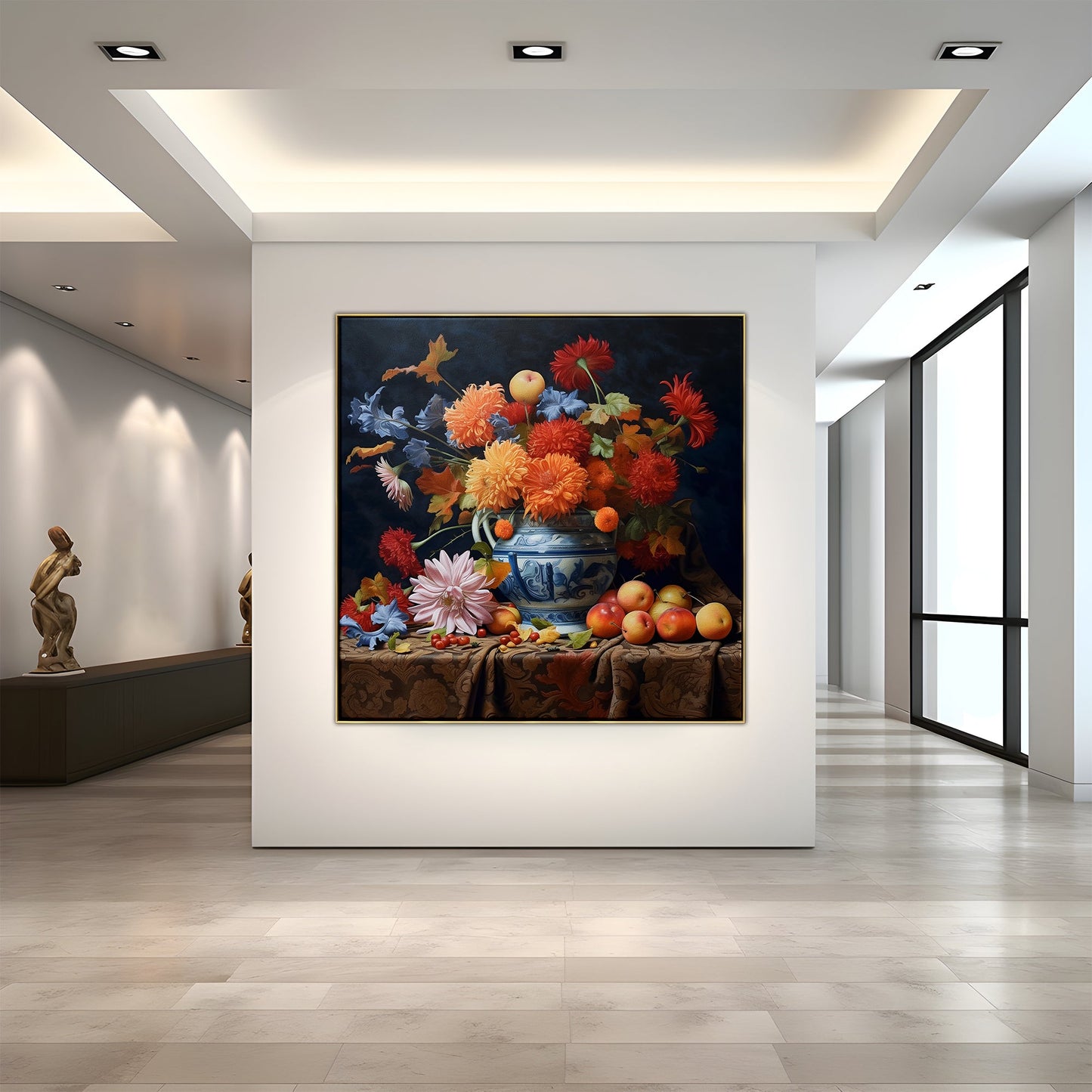 Vibrant Floral Still Life Oil Painting with Fruits and Blue Pot