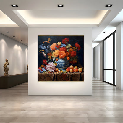 Vibrant Floral Still Life Oil Painting with Fruits and Blue Pot