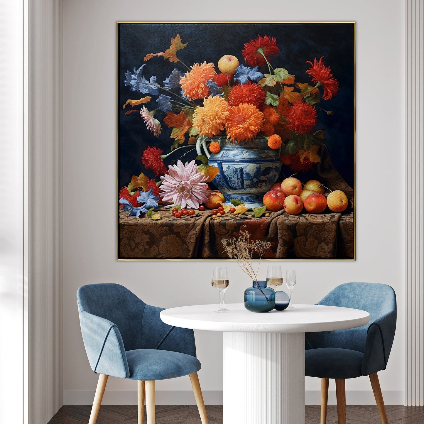 Vibrant Floral Still Life Oil Painting with Fruits and Blue Pot