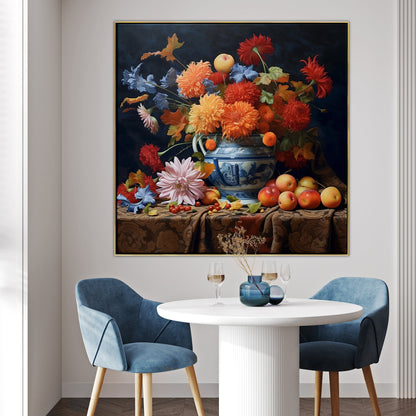 Vibrant Floral Still Life Oil Painting with Fruits and Blue Pot