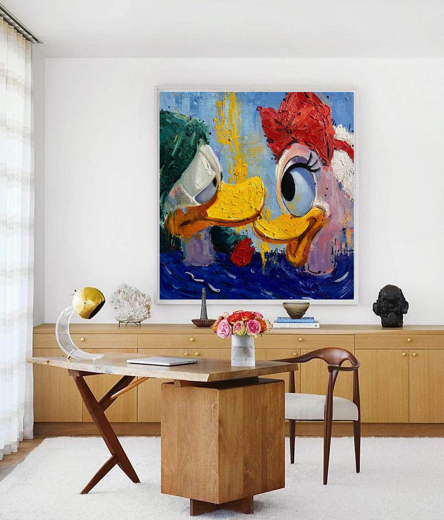 Whimsical Lovebirds: Vibrant Oil Painting of Ducks in Colorful Abstract Style