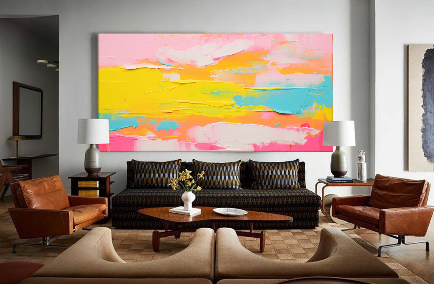 Vibrant Abstract Landscape Oil Painting in Pink and Yellow Hues for Modern Decor