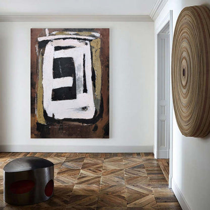 Contemporary Brown Abstract Oil Painting with Geometric Design for Modern Decor