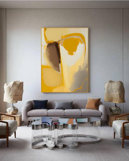 Vibrant Abstract Oil Painting in Bold Yellow and Earthy Tones for Modern Decor