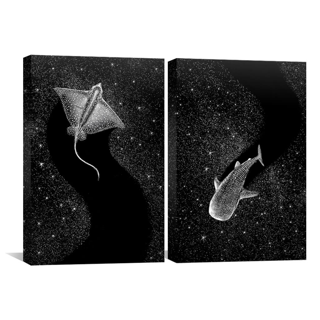 Stunning Ocean Night Sky Oil Painting with Marine Life