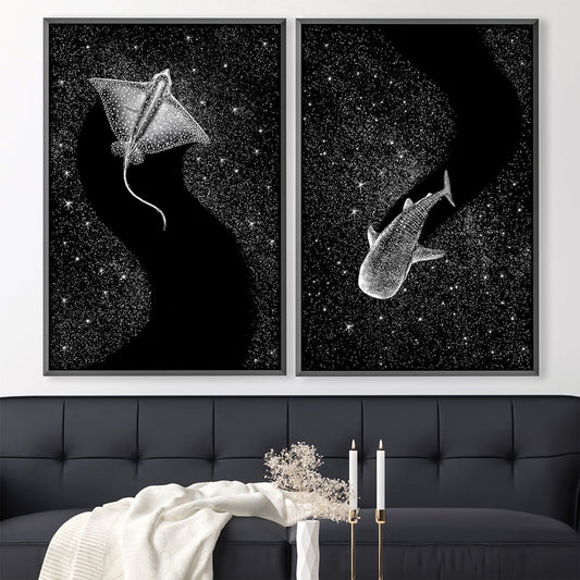 Stunning Ocean Night Sky Oil Painting with Marine Life