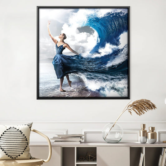 Majestic Wave Dance Oil Painting - Elegant Blue Dress and Ocean Serenity
