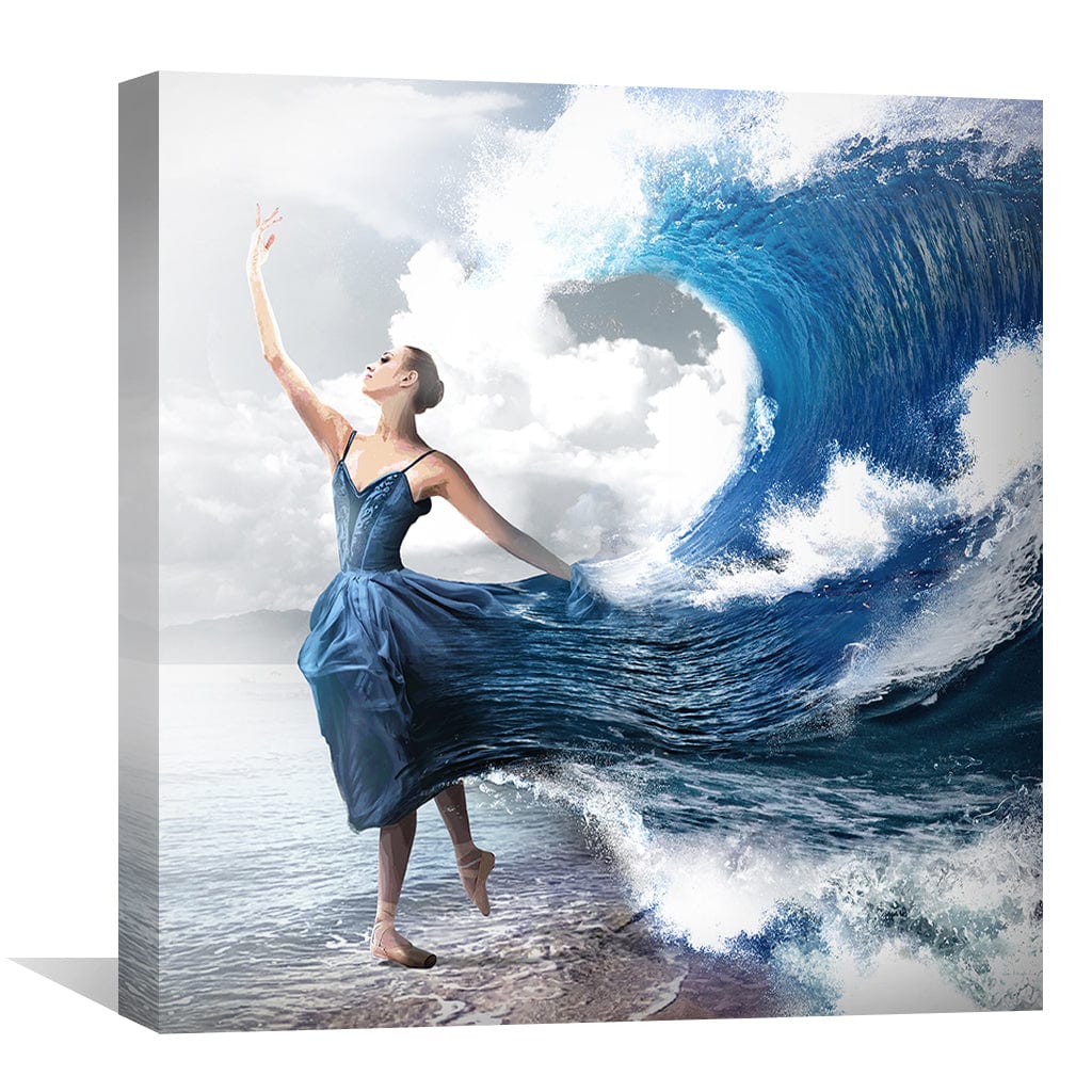 Majestic Wave Dance Oil Painting - Elegant Blue Dress and Ocean Serenity