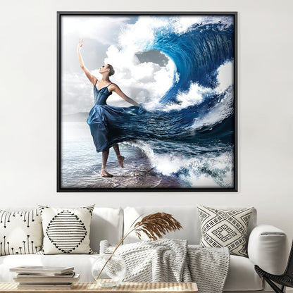 Majestic Wave Dance Oil Painting - Elegant Blue Dress and Ocean Serenity