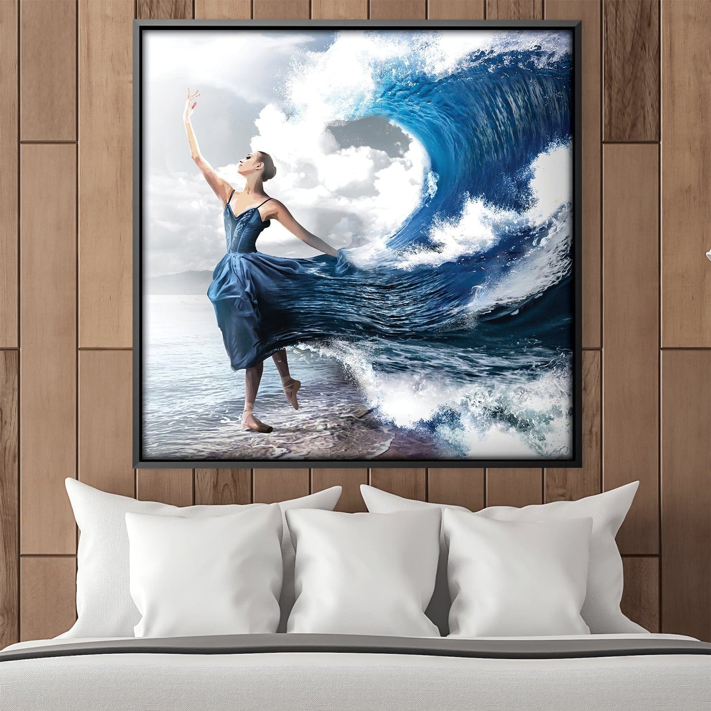 Majestic Wave Dance Oil Painting - Elegant Blue Dress and Ocean Serenity