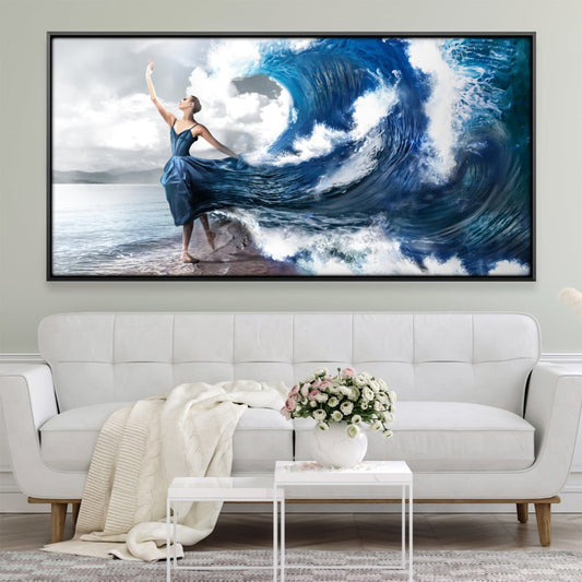 Majestic Ocean Waves: Elegant Woman in Flowing Dress Oil Painting