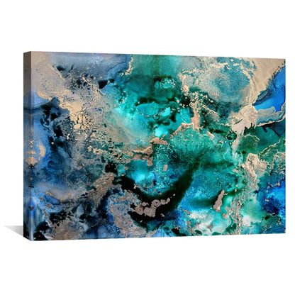Serene Ocean Abstract Oil Painting in Vibrant Teal and Gold Tones
