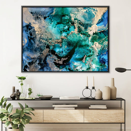 Serene Ocean Abstract Oil Painting in Vibrant Teal and Gold Tones