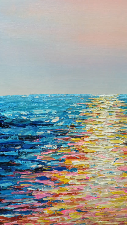 Tranquil Sunset Over Ocean Waves - Beautiful Oil Painting for Coastal Decor