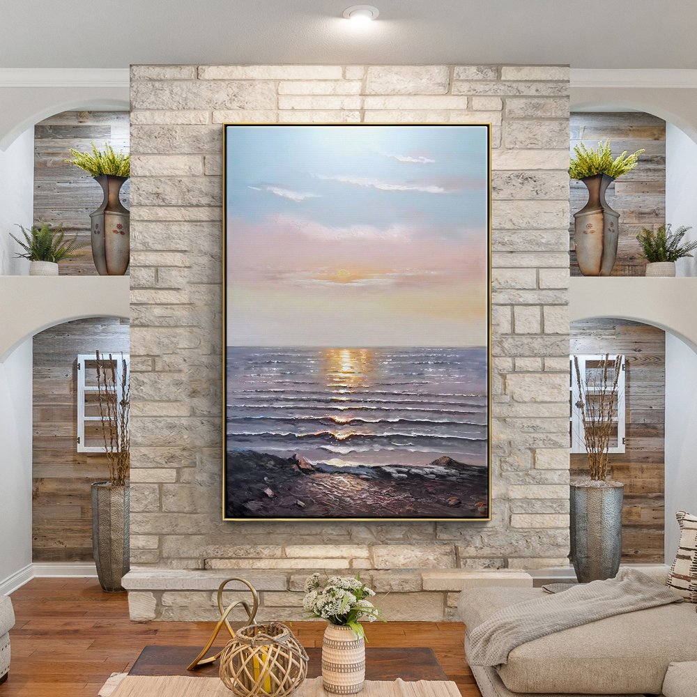 Serene Ocean Sunset: Captivating Landscape Oil Painting for Tranquil Home Decor