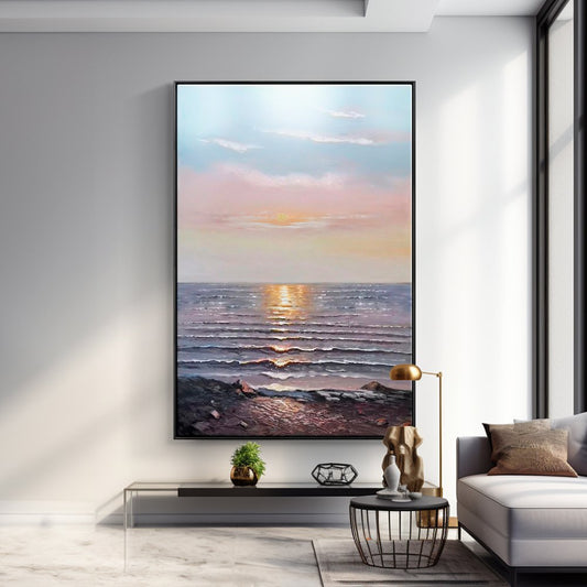 Serene Ocean Sunset: Captivating Landscape Oil Painting for Tranquil Home Decor