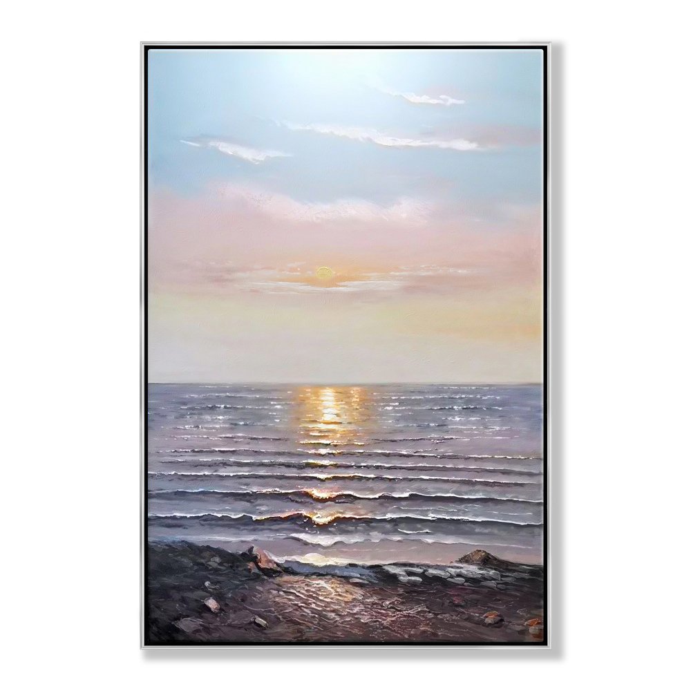 Serene Ocean Sunset: Captivating Landscape Oil Painting for Tranquil Home Decor