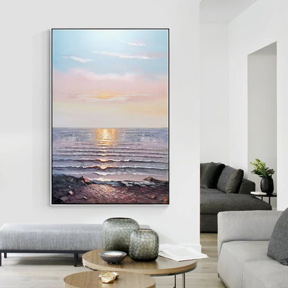 Serene Ocean Sunset: Captivating Landscape Oil Painting for Tranquil Home Decor
