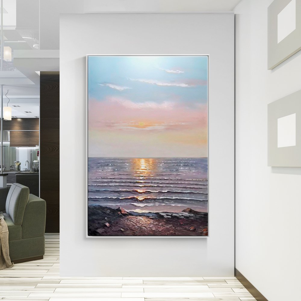 Serene Ocean Sunset: Captivating Landscape Oil Painting for Tranquil Home Decor