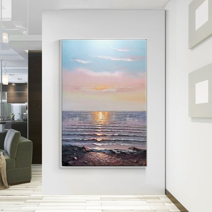 Serene Ocean Sunset: Captivating Landscape Oil Painting for Tranquil Home Decor
