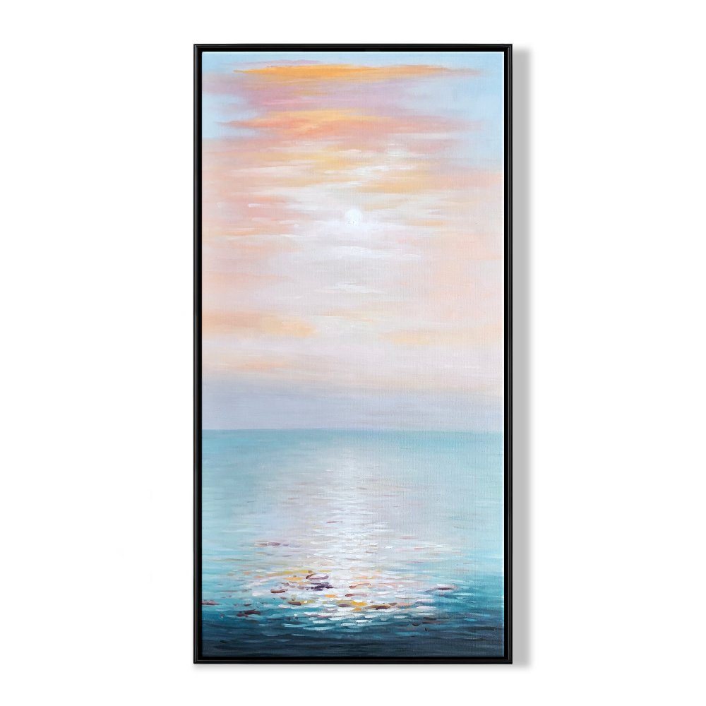 Tranquil Ocean Sunrise: Serene Seascape Oil Painting for Coastal Decor
